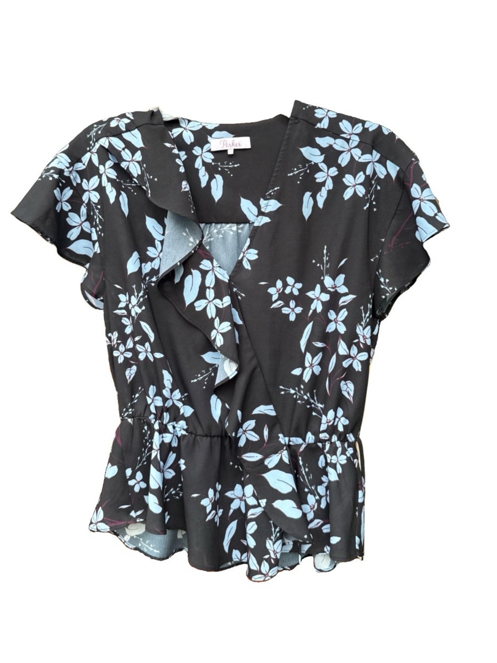 Parker Blouse size small with Blue Floral pattern Ruffle sleeve